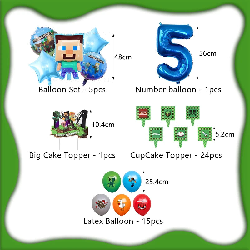 A kit for a cartoon birthday party decoration including balloons, cake toppers, and latex balloons.