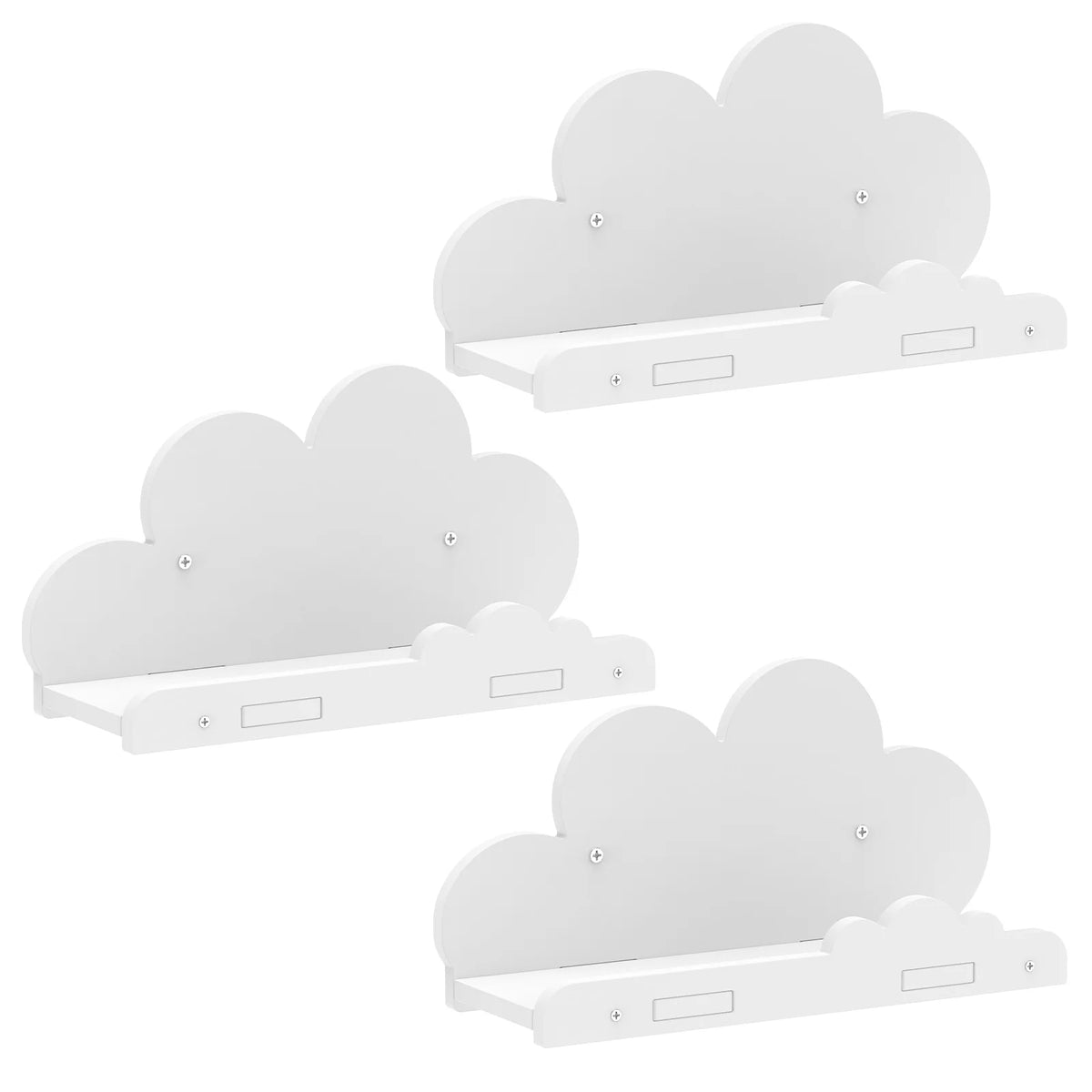 Un juego de estantes flotantes en forma de nube y blancas para exhibición o almacenamiento.