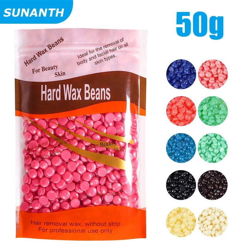 A package of hard wax beans for beauty skin hair removal showing pink and blue colored beads.