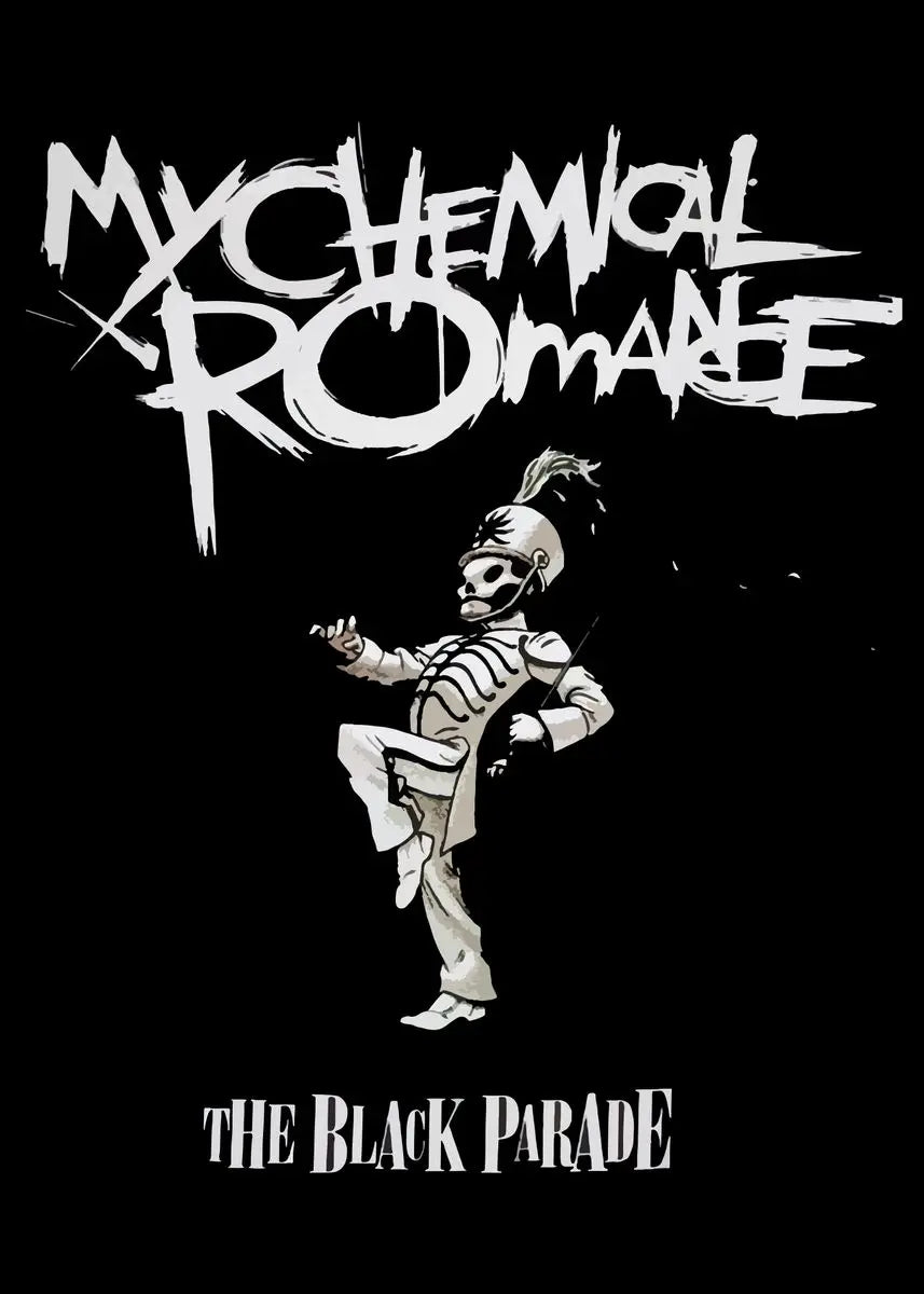 A black and white graphic featuring the My Chemical Romance logo and a skeletal figure titled The Black Parade.