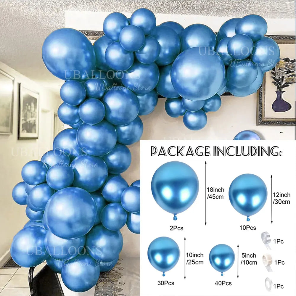 A package of metallic chrome gold balloons for a balloon garland kit showing various sizes and quantities