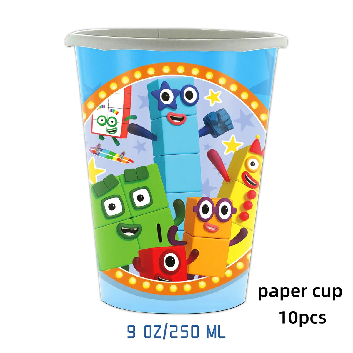 A paper cup featuring colorful cartoon characters inside a circular design for a birthday party decoration set.