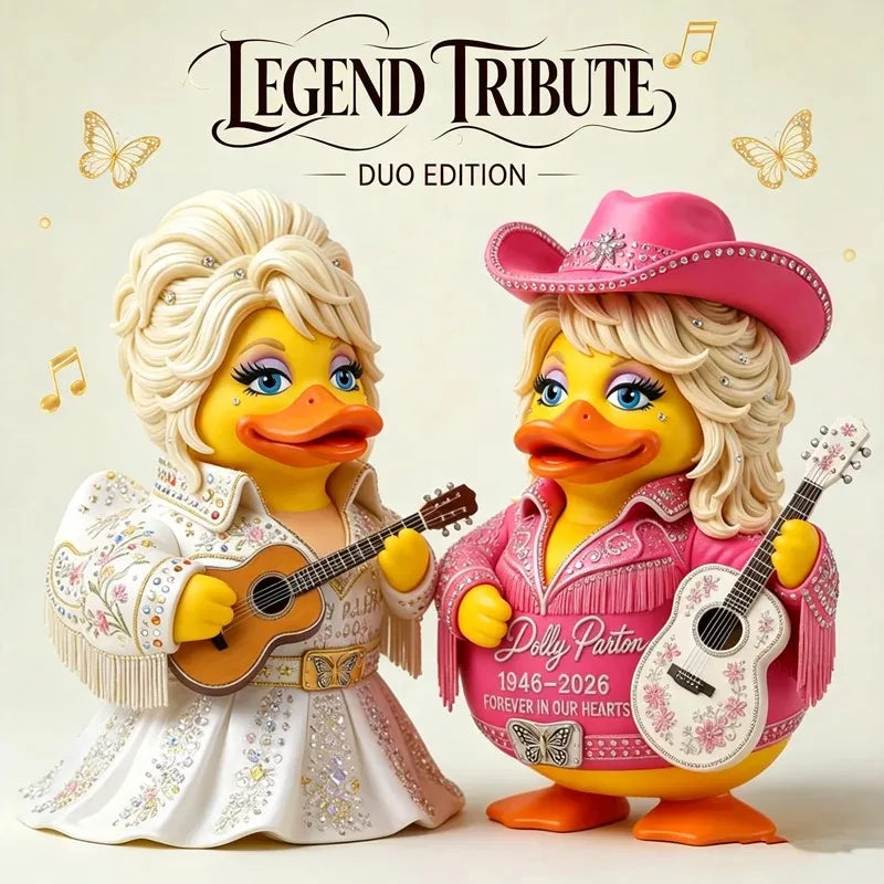 A duo edition figurine of two yellow duck characters, one with blonde hair and a pink hat, holding guitars.