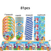 A set of 81 pieces of birthday party decorations including plates cups straws and napkins