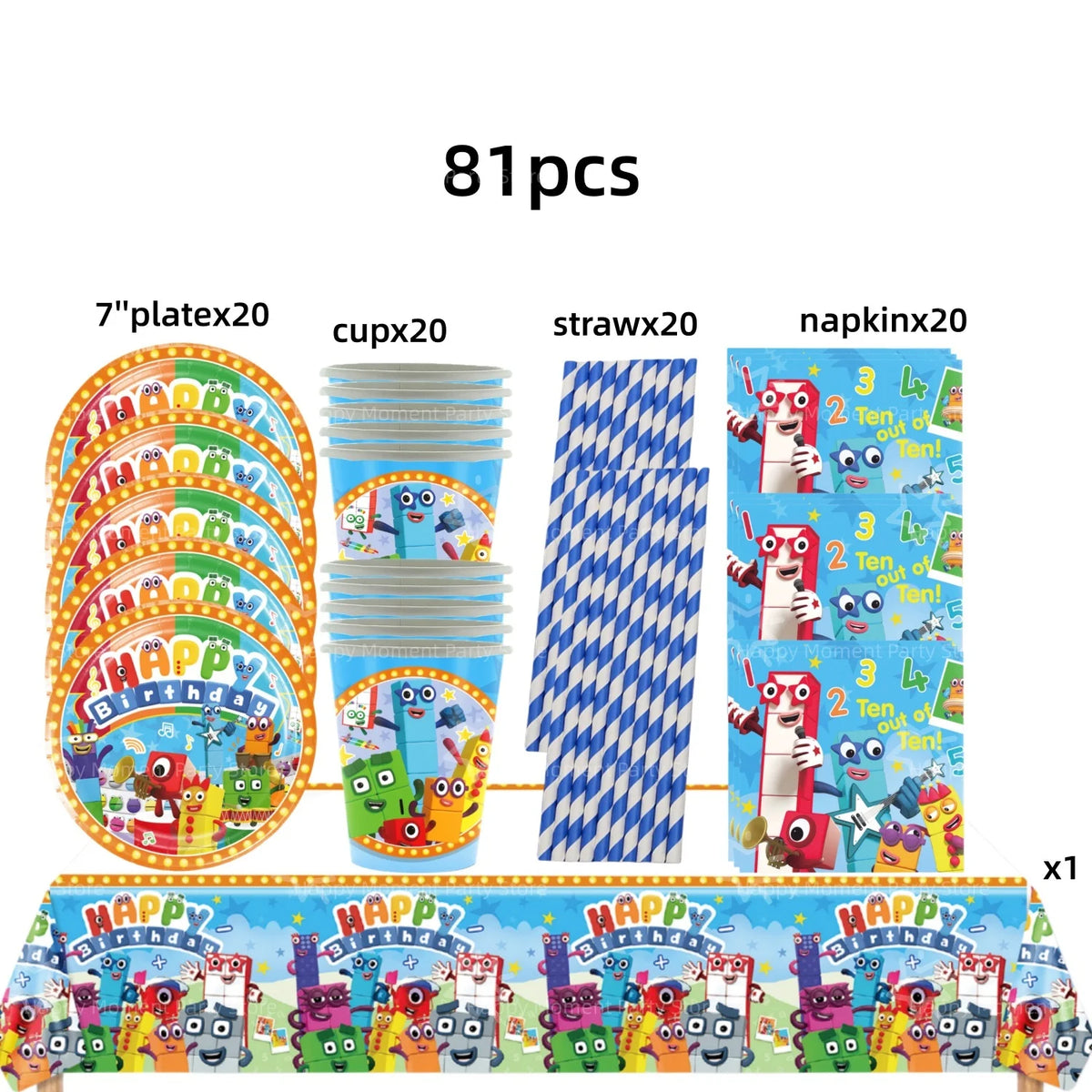 A set of 81 pieces of birthday party decorations including plates cups straws and napkins