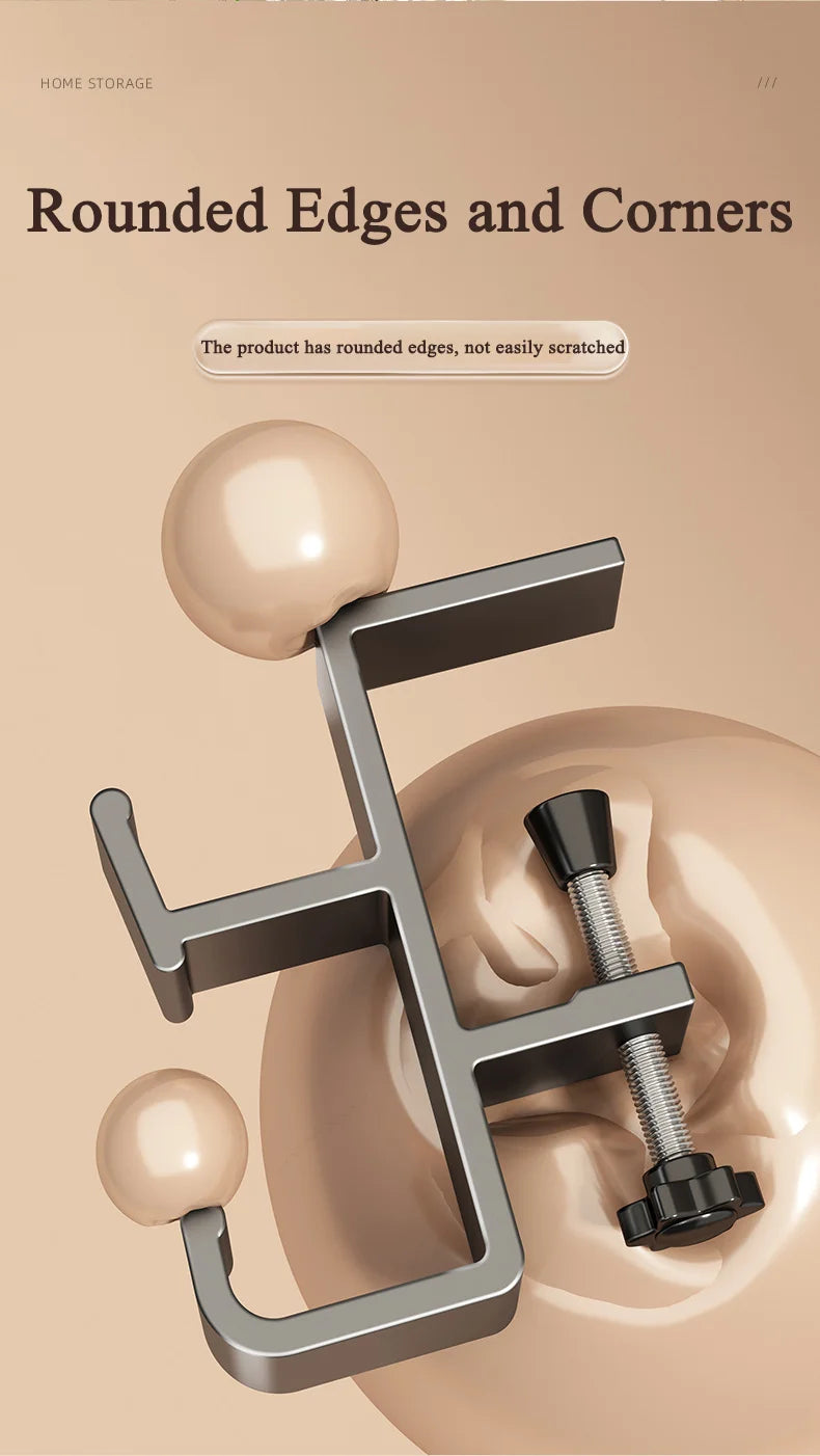 A close-up of a metal adjustable desk bag hook designed for securing backpacks and bags.