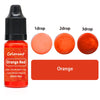 A bottle of orange red liquid pigment with dropper tips showing 1, 2, and 3 drops of color.