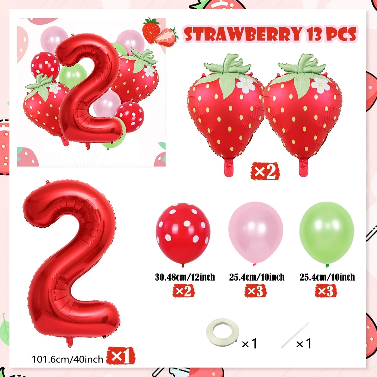 A set of 13 strawberry foil balloons, including two large number 2s and multiple strawberries.