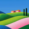A vibrant landscape painting featuring rolling green hills, a blue sky, and a small pink and orange building.