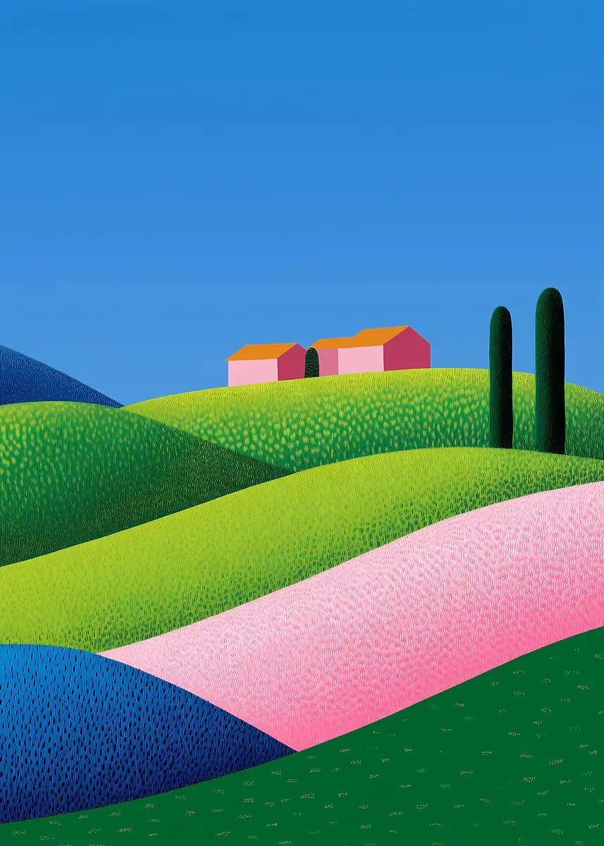 A vibrant landscape painting featuring rolling green hills, a blue sky, and a small pink and orange building.