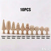 A set of 10 wooden Christmas tree ornaments in various sizes and shapes.