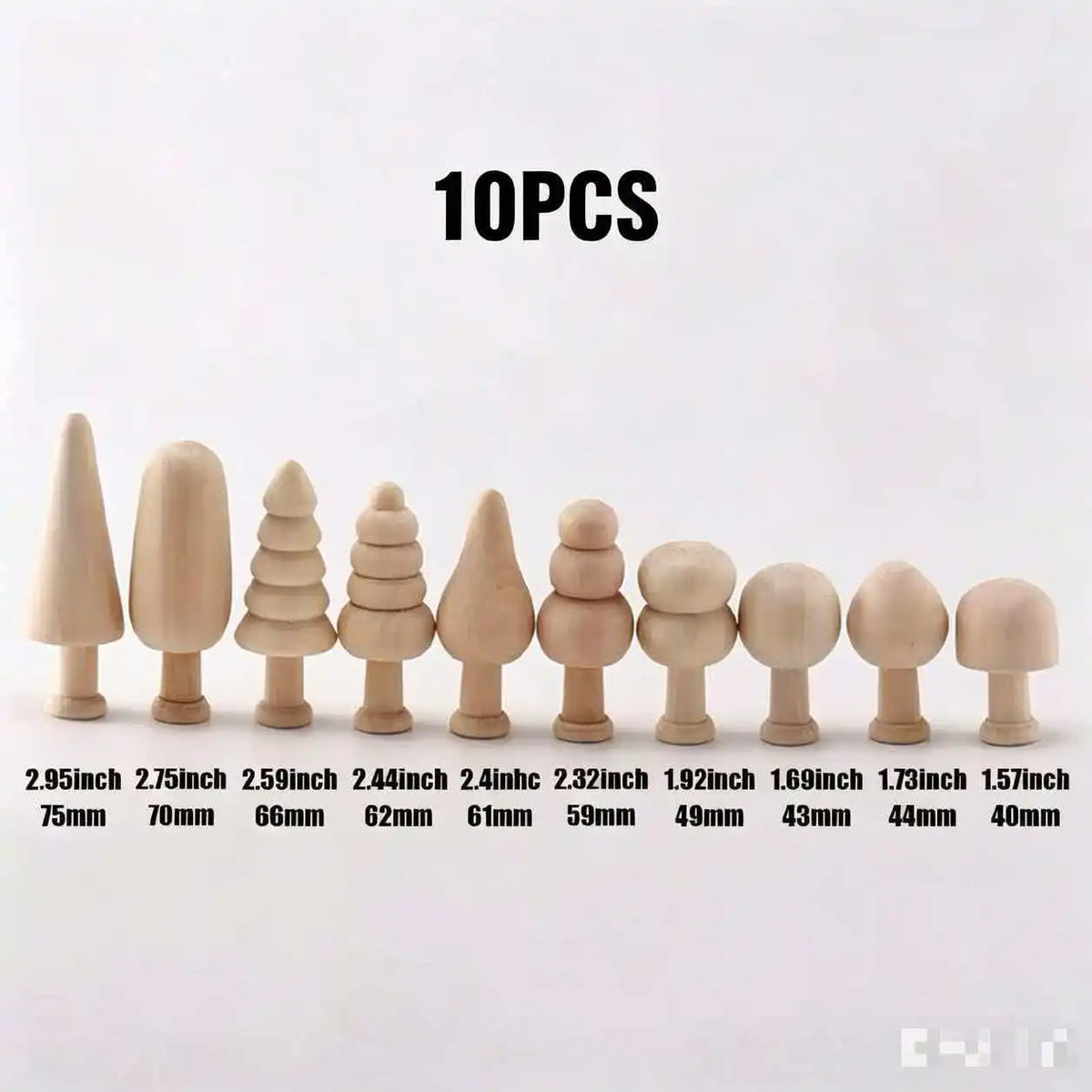 A set of 10 wooden Christmas tree ornaments in various sizes and shapes.