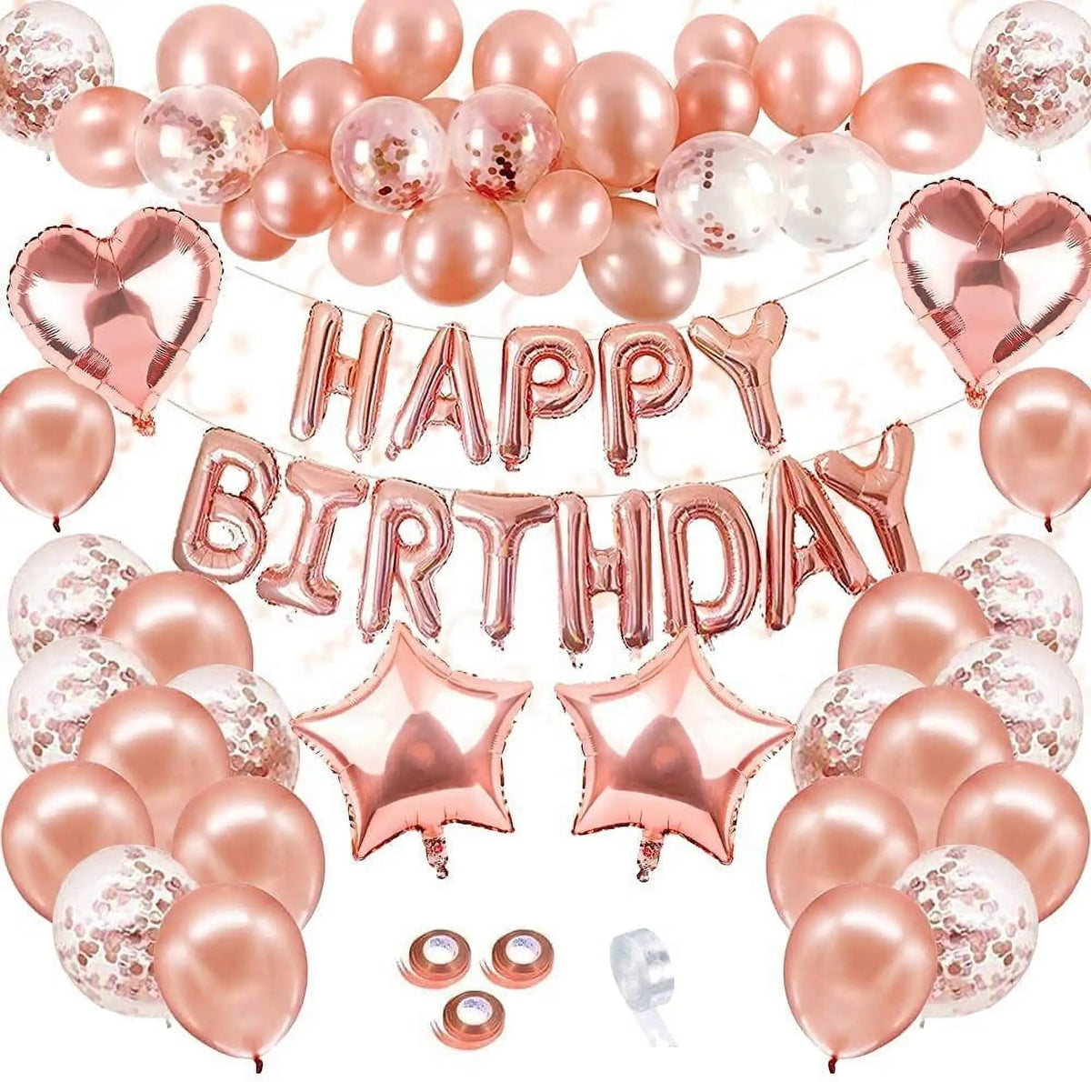 A rose gold balloon garland kit featuring balloons in various shapes like hearts, stars, and confetti.