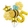 A set of six yellow and white aluminum foil daisy balloons shaped like a bee and the number five.