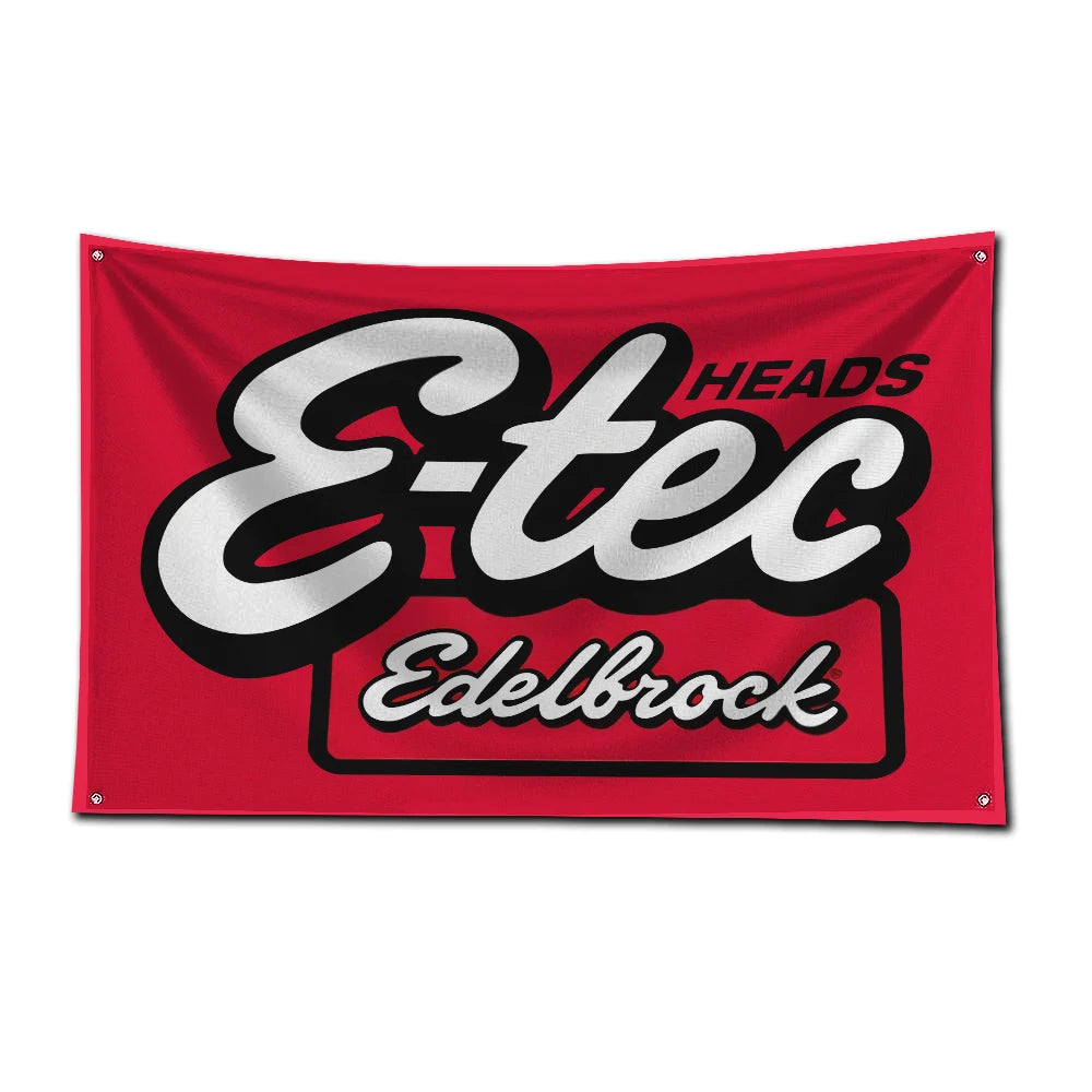 A red flag featuring the text E-tec and Edelbrock in white and black lettering.