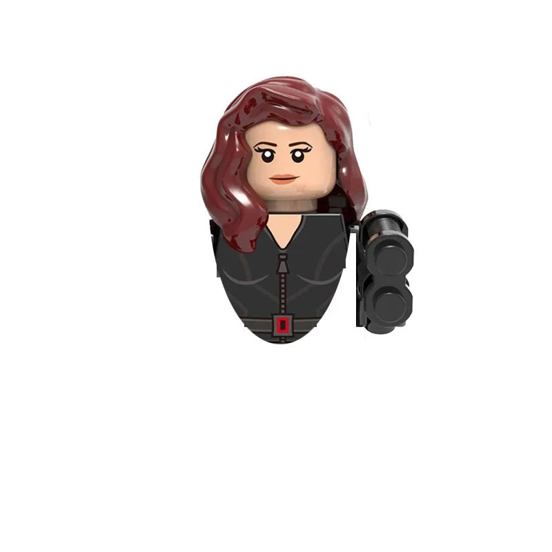 A building block figure of a woman with long reddish hair wearing a dark outfit.