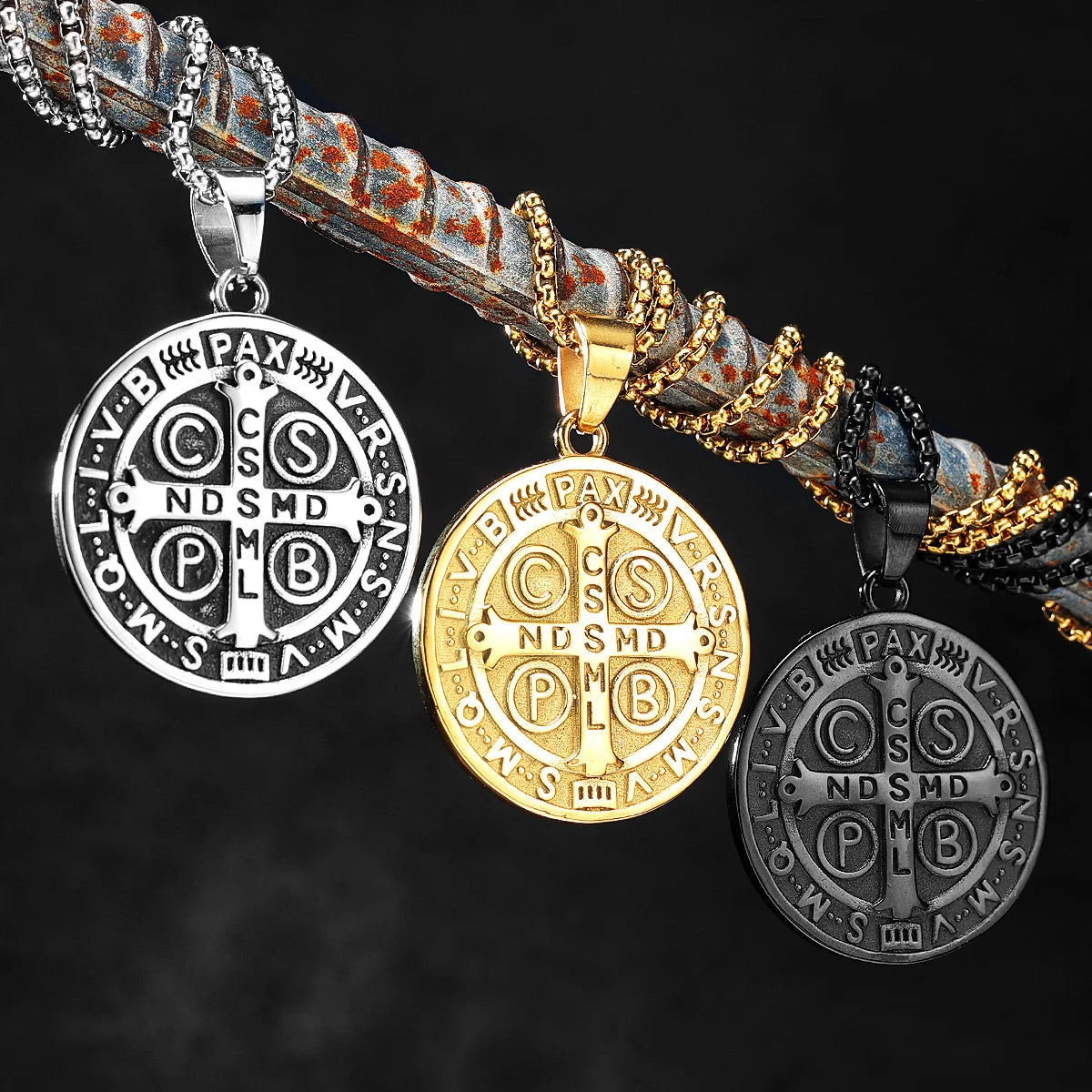 A stainless steel punk cross necklace featuring a detailed design suspended from a textured cord.