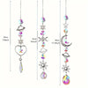 A set of crystal moon and sun wind chimes featuring various gemstone shapes and designs.