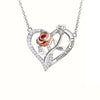 A silver heart pendant necklace featuring a rose charm and the words I love you forever.