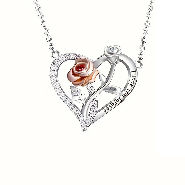 A silver heart pendant necklace featuring a rose charm and the words I love you forever.