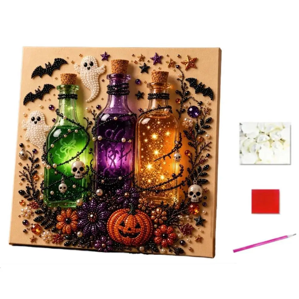 A framed diamond painting featuring three glass bottles, skulls, and Halloween-themed elements like bats and spiders.