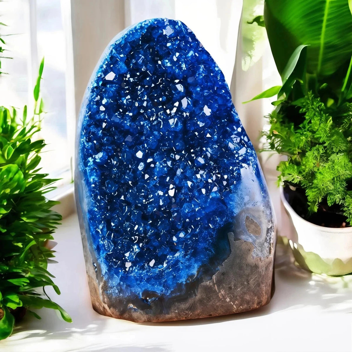 A deep blue, rough crystal cluster decor resting on a white surface next to green foliage.