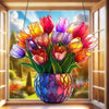 A bouquet of colorful tulips in a glass pot hangs in front of a window, catching sunlight.