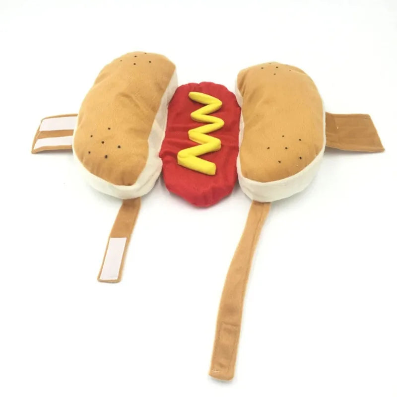 A classic hot dog costume for dogs featuring a bun, sausage, and condiments.