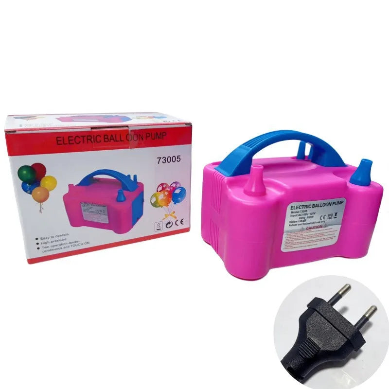 Pink electric balloon pump device with a blue handle and black nozzle.