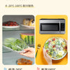 A microwave oven is shown next to a plate of food, illustrating that the refrigerator and microwave can be used for heating.