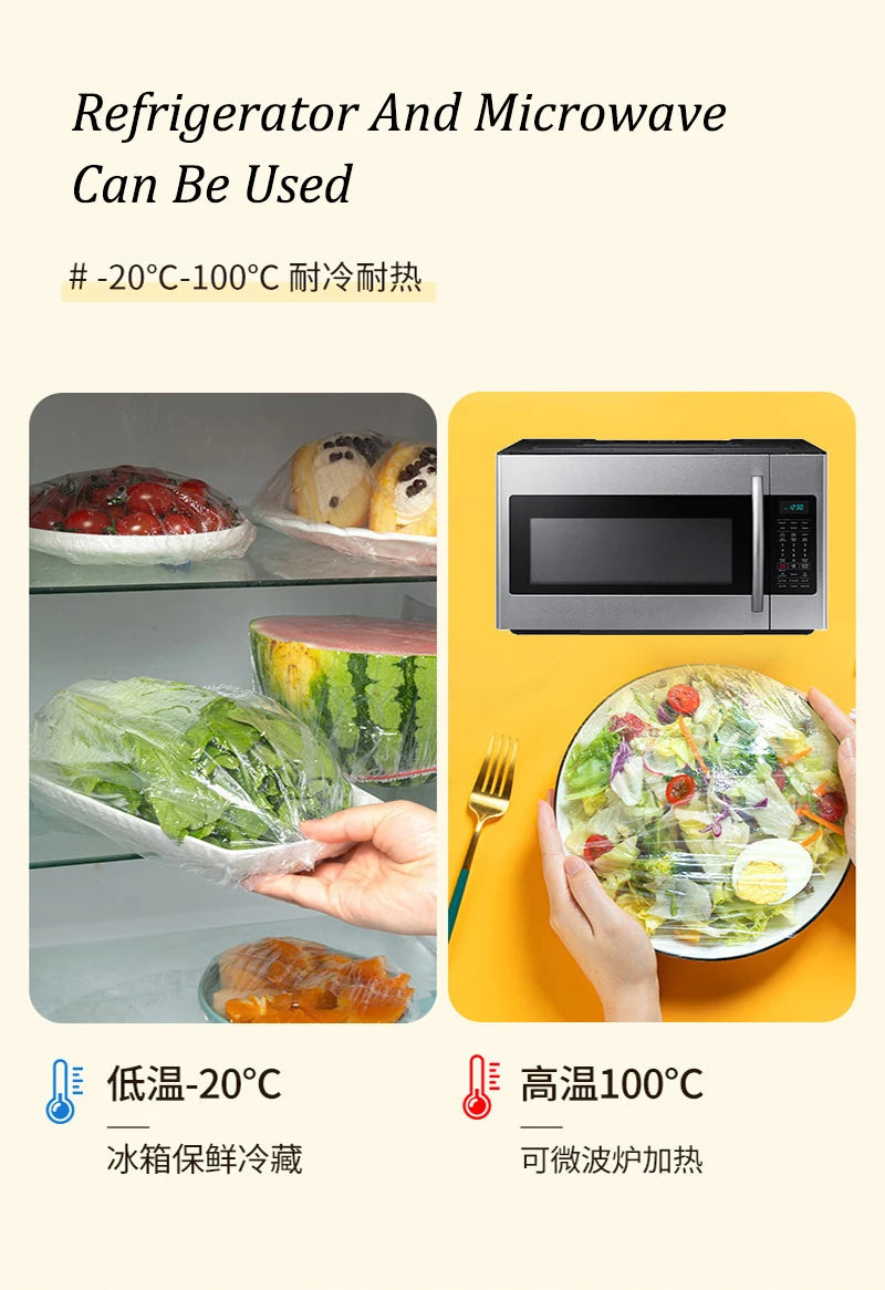 A microwave oven is shown next to a plate of food, illustrating that the refrigerator and microwave can be used for heating.