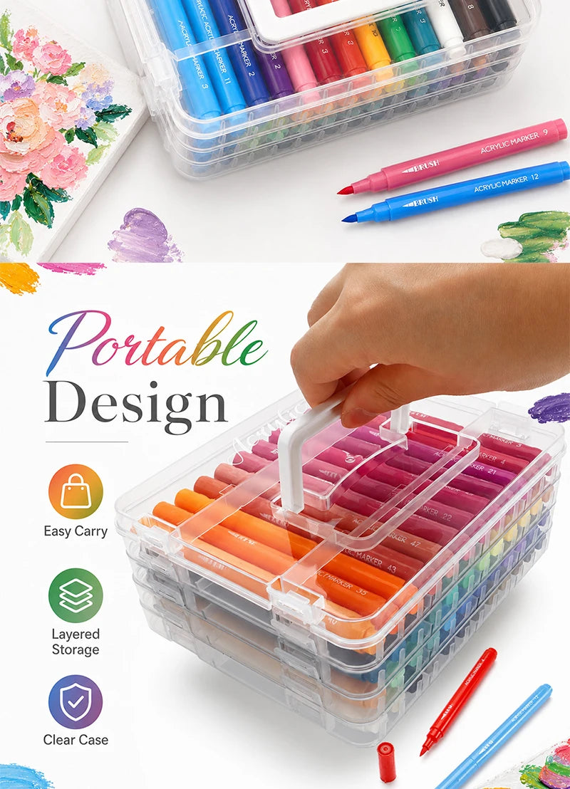 A portable design acrylic paint marker set in a clear case showing various colored markers and brush tips.