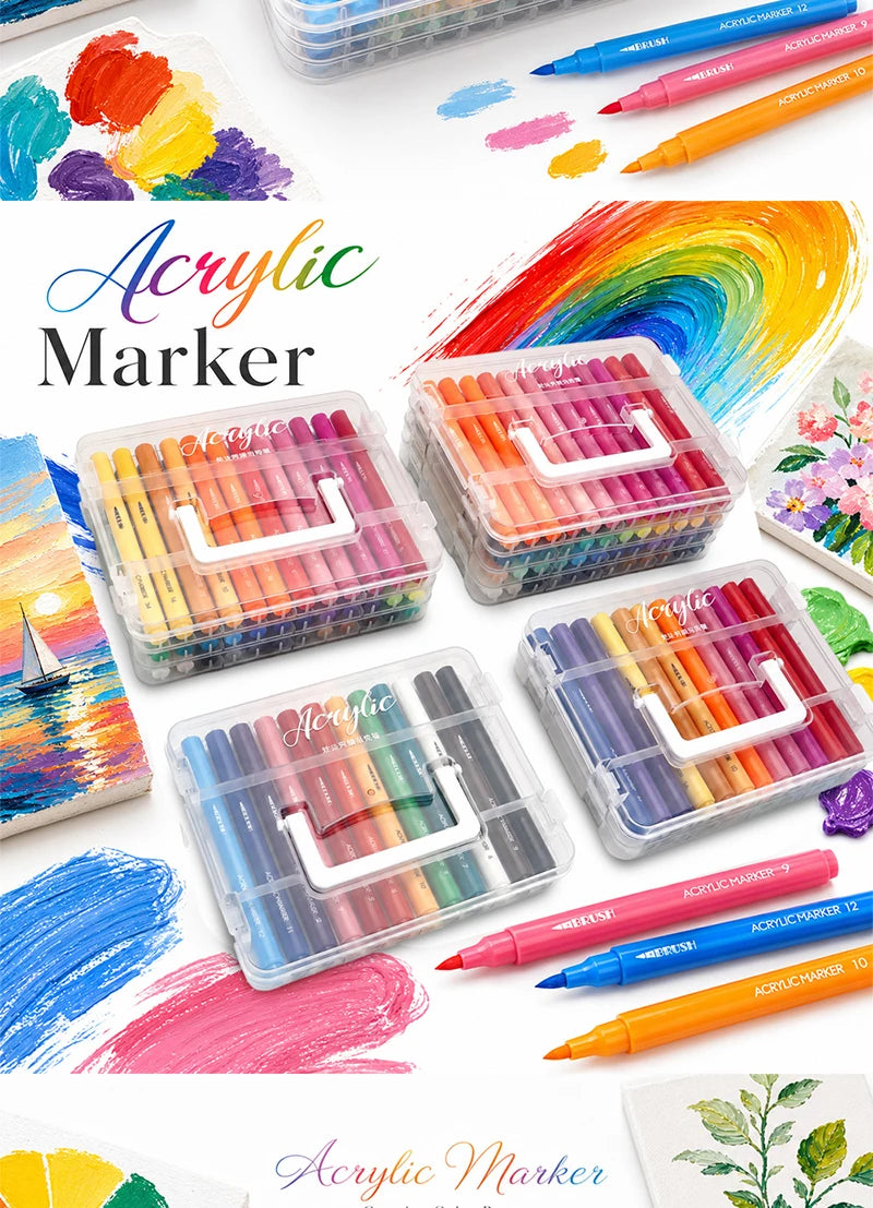 A collection of acrylic marker pens in various colors and shades arranged in plastic storage boxes and scattered on a white b