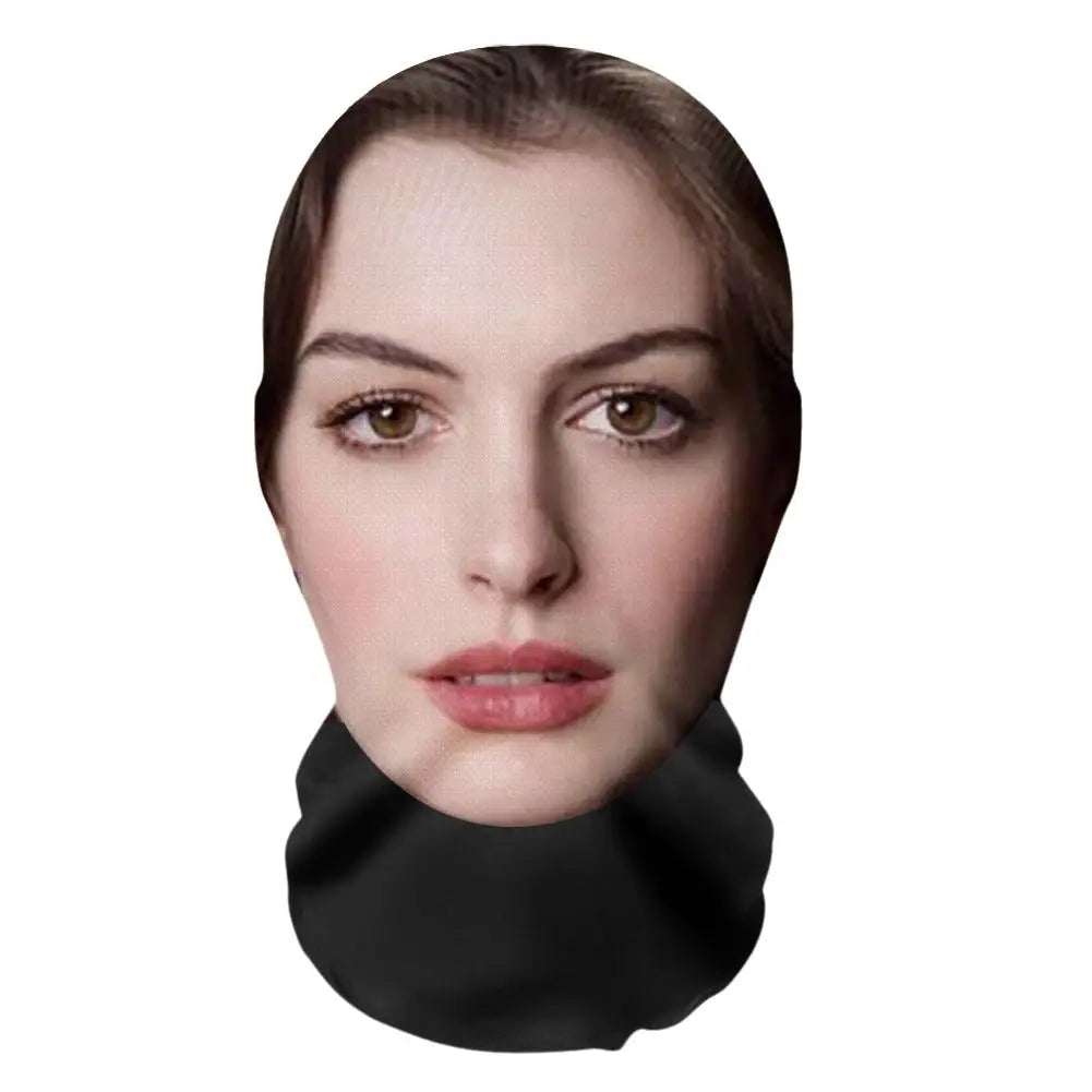 A realistic 3D face mask covering the lower face of a woman's face.