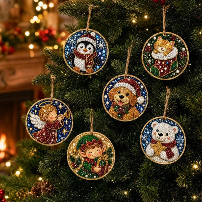 Christmas diamond painting ornaments featuring Santa, a snowman, and reindeer pendants hanging on a green fir tree.