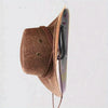A brown felt cowboy hat rack with a leather strap and hanging cord.