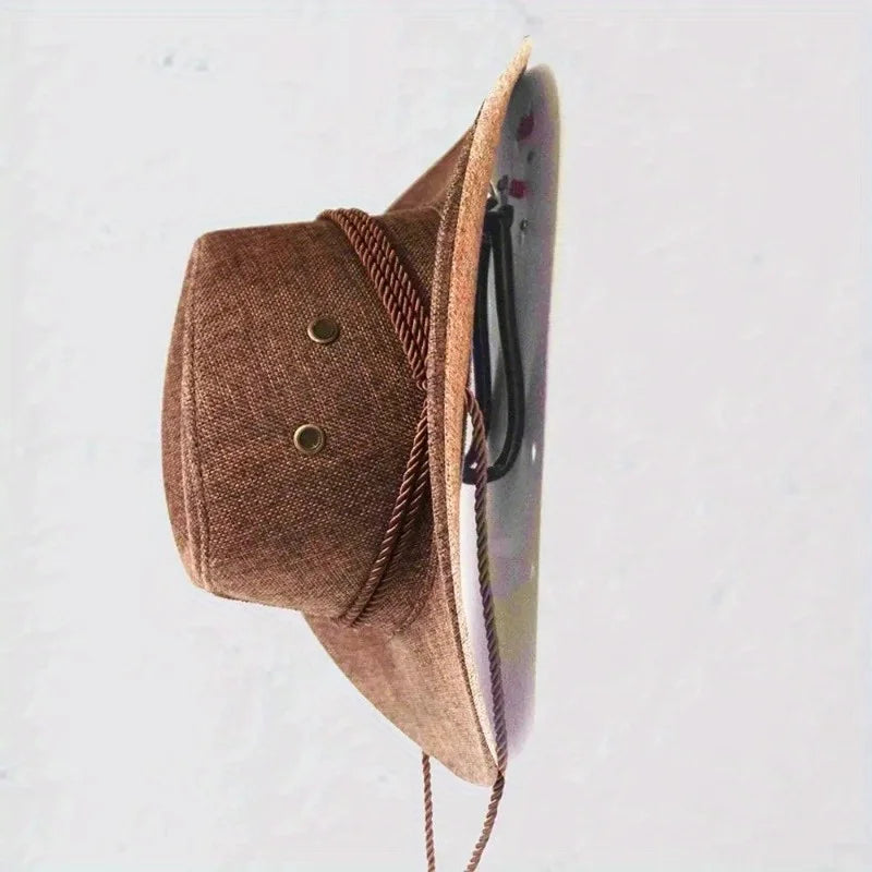A brown felt cowboy hat rack with a leather strap and hanging cord.