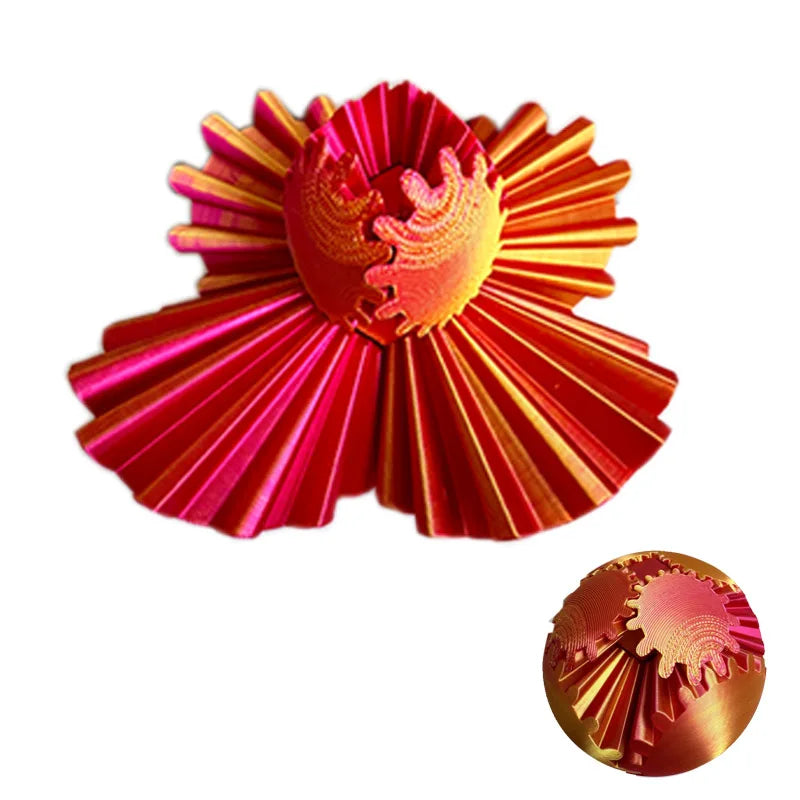 A close-up view of a 3D printed gear ball fidget spinner with vibrant red and orange fins.