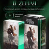A black metal tin containing a tarot deck featuring an illustration of a warrior in a rugged landscape.