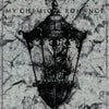 Black and white canvas wall art featuring a silhouette of an ornate lantern with flames, titled My Chemical Romance The Black