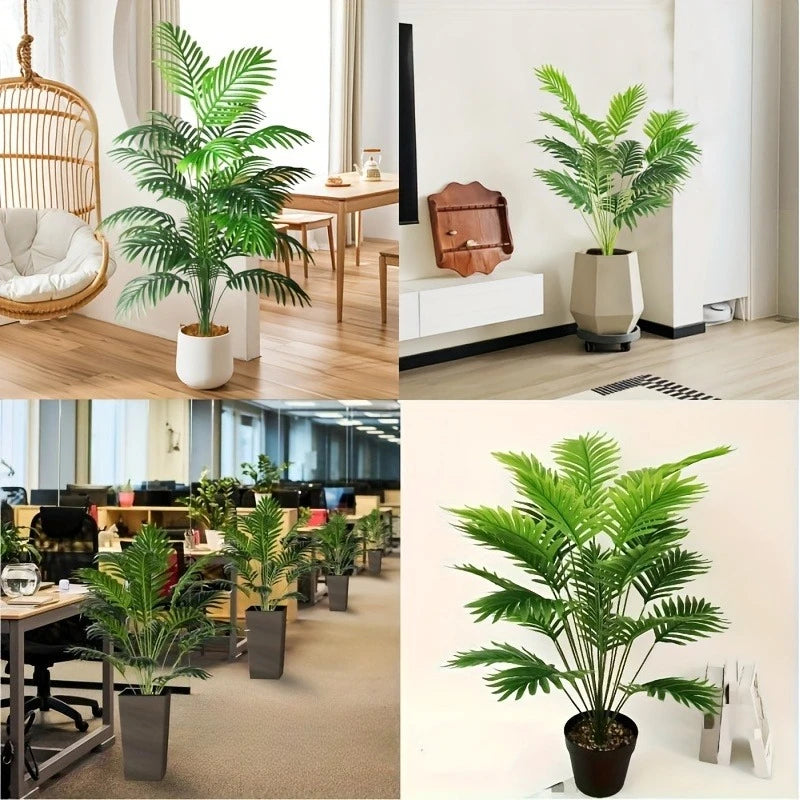 A large artificial areca palm tree in a potted plant displayed on a wooden table and next to a white shelf.