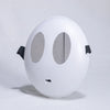 A white, spherical mask resembling a shy guy face with large eye cutouts and a small mouth, displayed against a light backgro