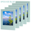Five blue magnetic photo frames displaying scenic landscapes and nature views.
