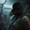 A realistic black crow latex full head mask is shown in a dark, moody setting.