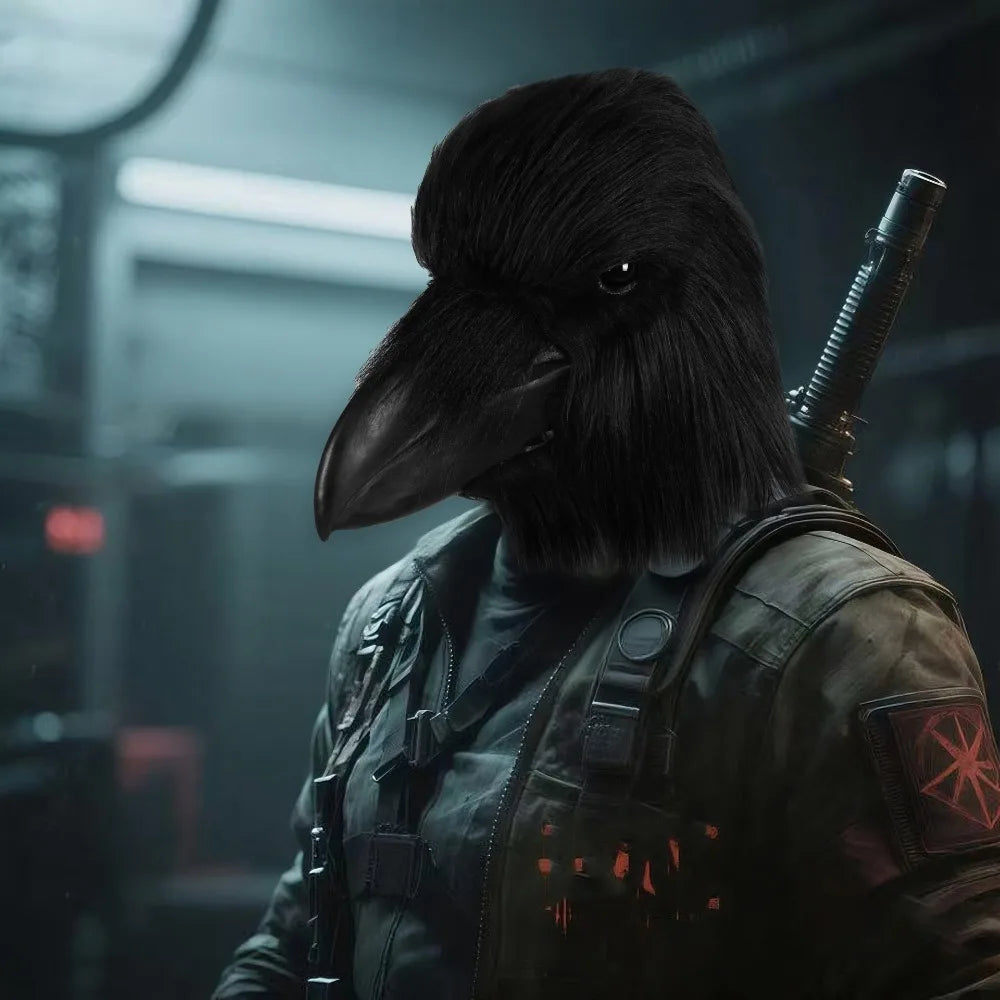 A realistic black crow latex full head mask is shown in a dark, moody setting.