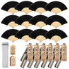 Elegant black and gold paper hand fans with accompanying gift bags and thank you cards