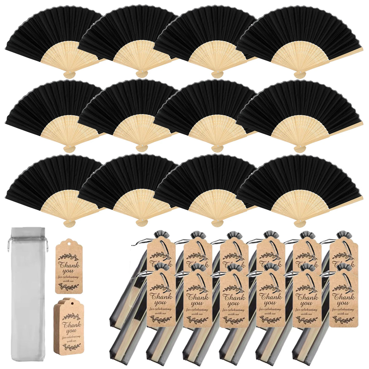 Elegant black and gold paper hand fans with accompanying gift bags and thank you cards