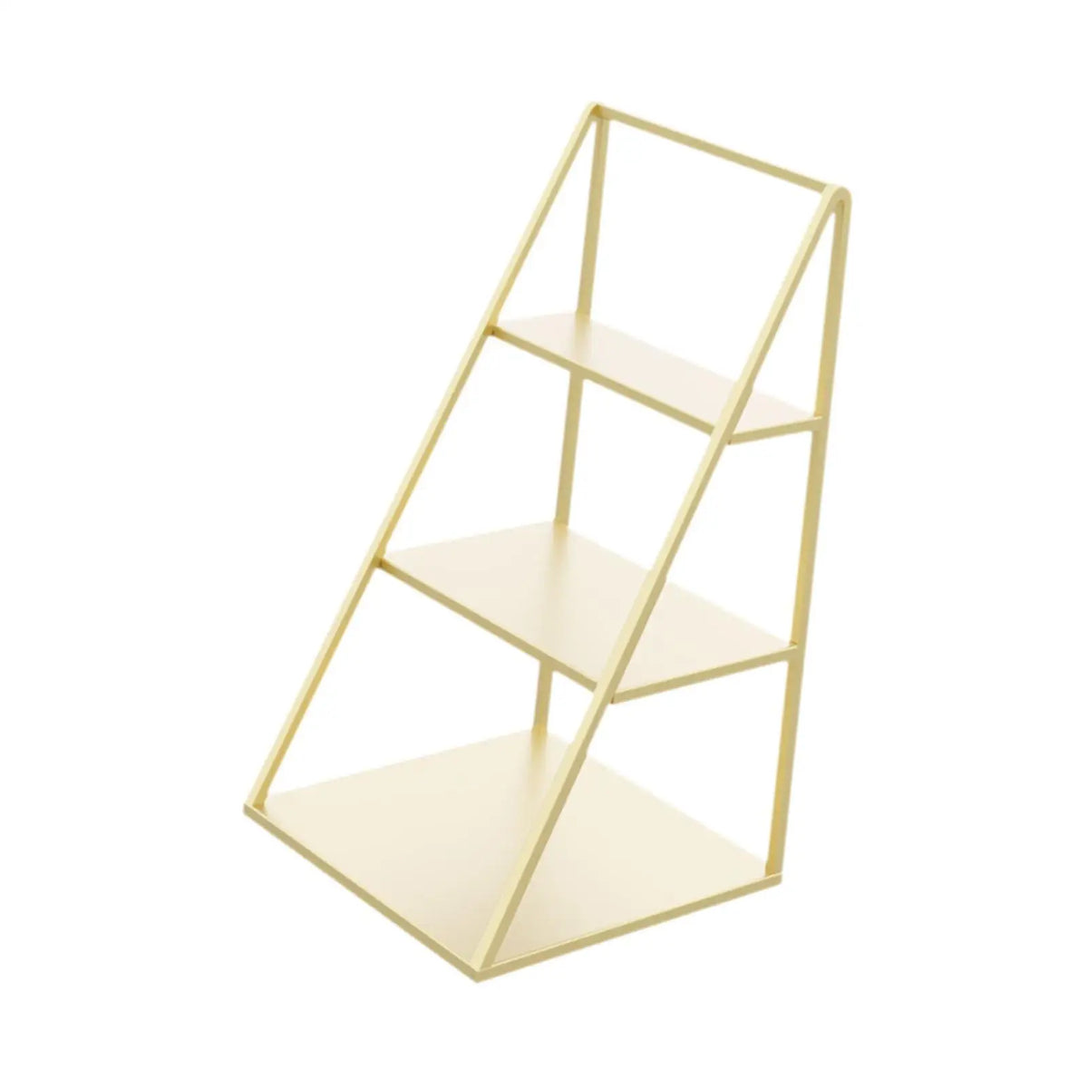 A gold-colored, three-tiered iron display rack for cosmetics and jewelry.