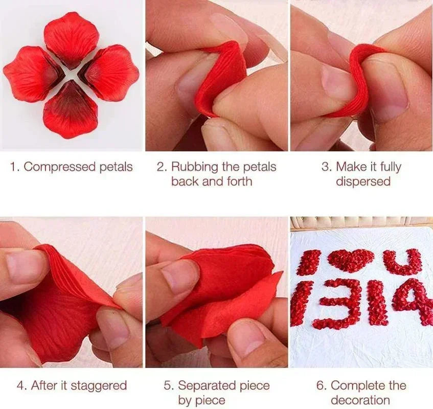 Step-by-step guide showing how to compress, rub, disperse, separate, and decorate artificial red rose petals.