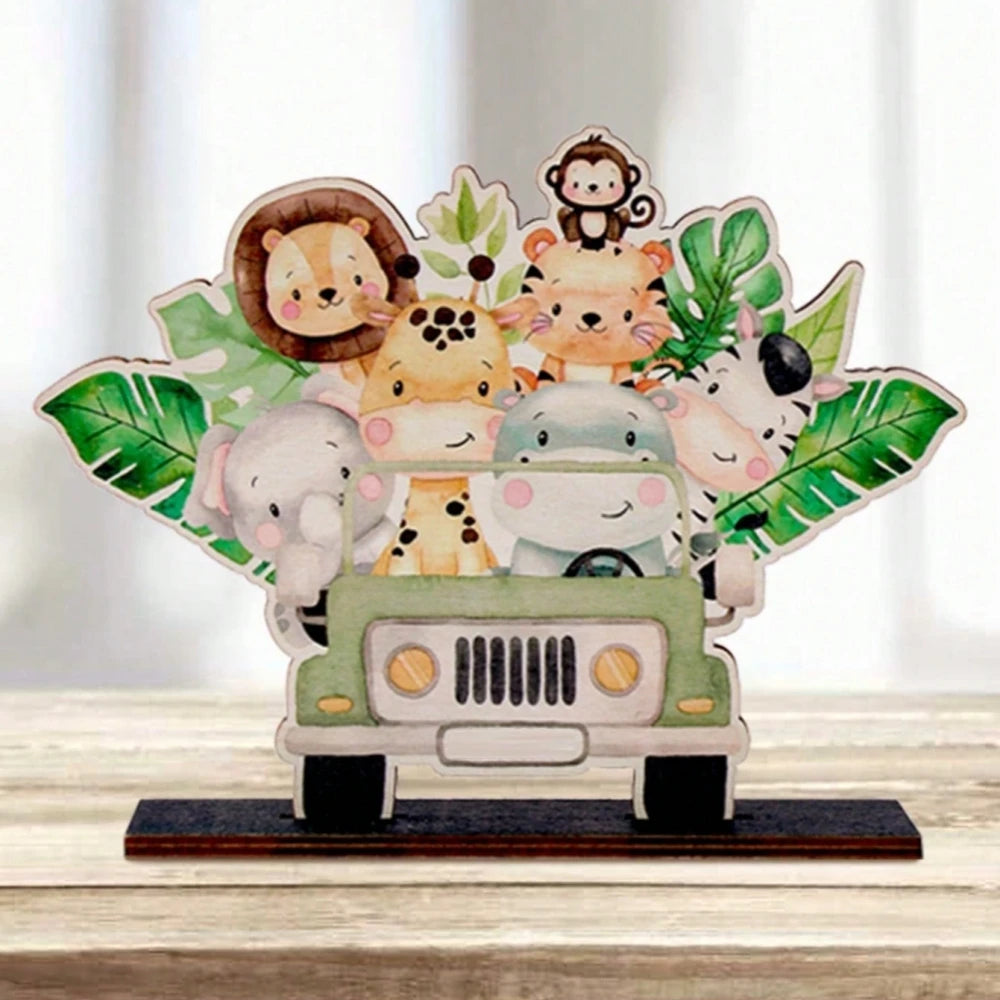 A wooden ornament featuring various jungle animals like a lion, tiger, and elephant surrounding a vintage car.
